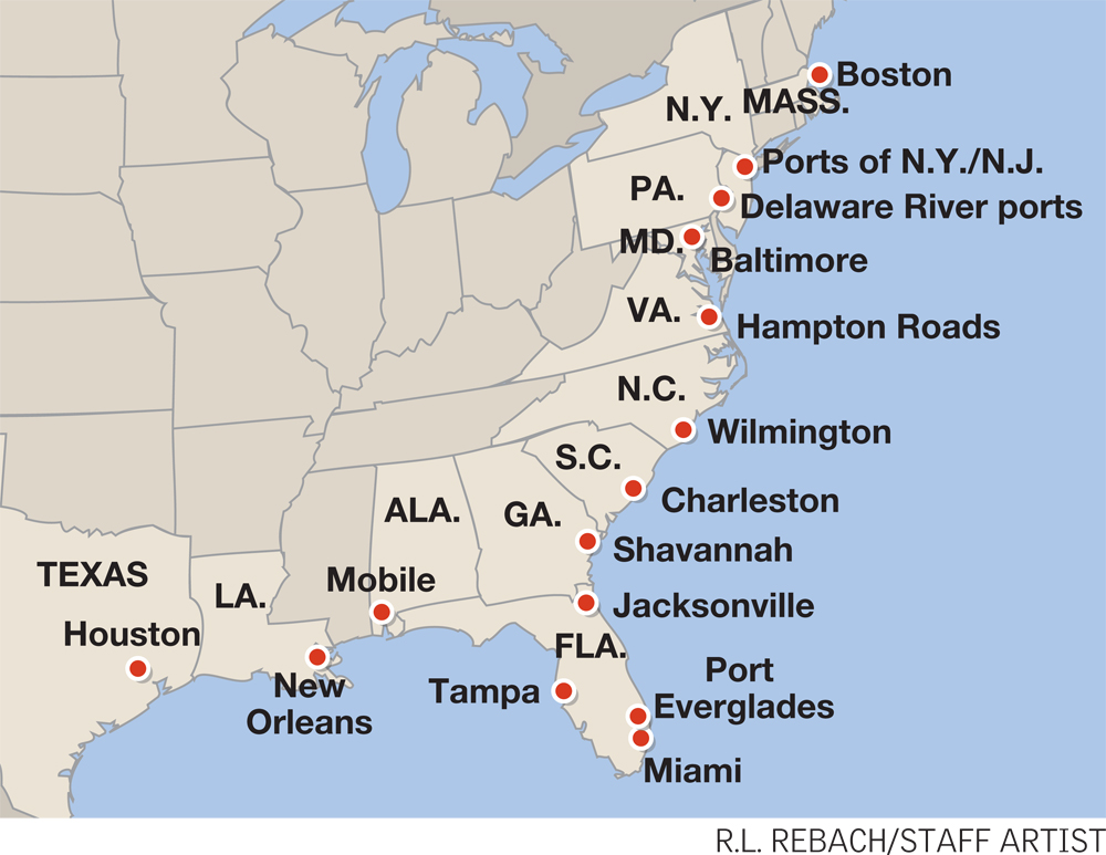 Карта восточной америки. Порты Западного побережья США. Порты восточного побережья США. Восточное побережье США на карте. Атлантическое побережье США на карте.
