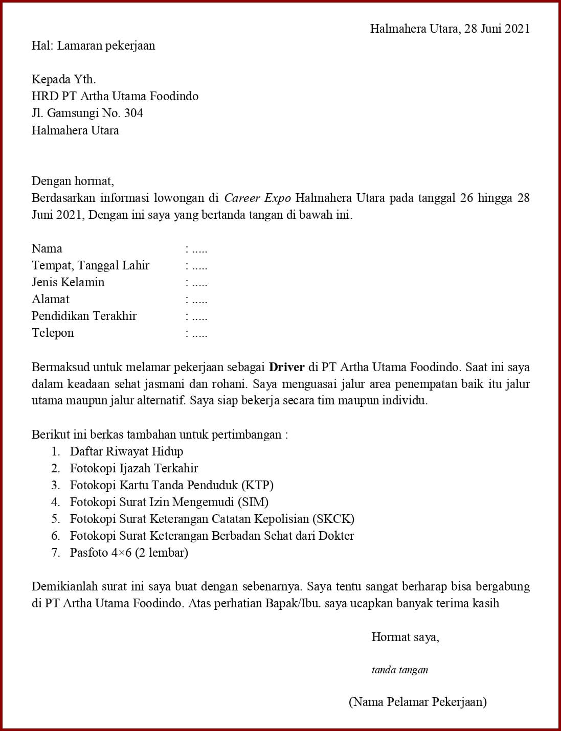 Contoh Surat Lamaran Kerja Untuk Driver Mobil Box (Fresh Graduate) - Tanpakoma