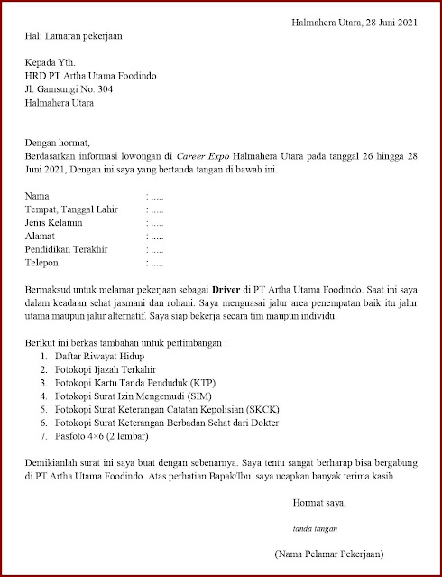 Contoh Surat Lamaran Kerja Untuk Driver Mobil Box (Fresh Graduate) Berdasarkan Informasi Dari Job Fair Contoh Application Letter Untuk Driver Mobil Box (Fresh Graduate) Berdasarkan Informasi Dari Job Fair