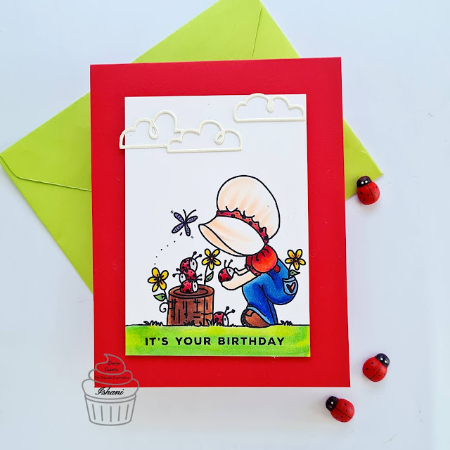 Ladybug Birthday card for girls,Sunbonnet Bugaboo stamps, Copic coloring, Quillish