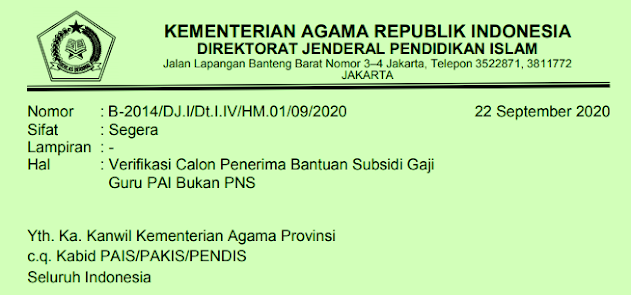 Surat Edaran Verifikasi Daftar Guru PAI Non SURAT EDARAN VERIFIKASI DAFTAR GURU PAI BUKAN PNS CALON PENERIMA BANTUAN SUBSIDI GAJI GURU