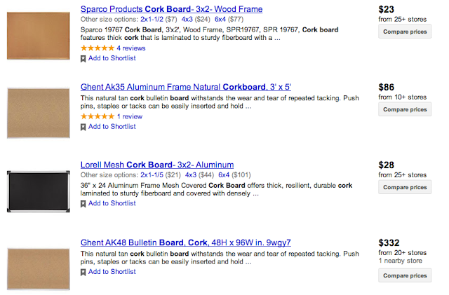 Webpage showing various cork board prices, from Fun Cheap or Free