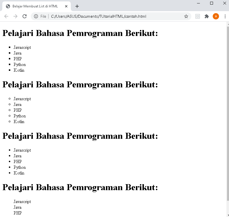 Membuat unordered list di html Membuat unordered list