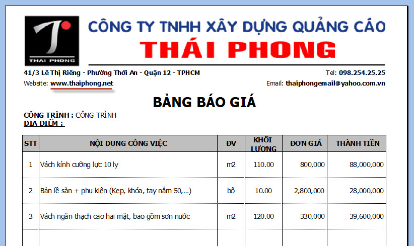 Luôn luôn có website trong bảng báo giá để khách hàng truy cứu