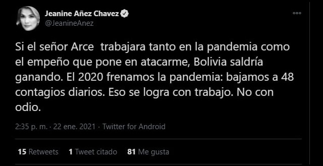 Áñez responde a Arce,  le pide que así como la ataca que trabaje en la pandemia para beneficio del país