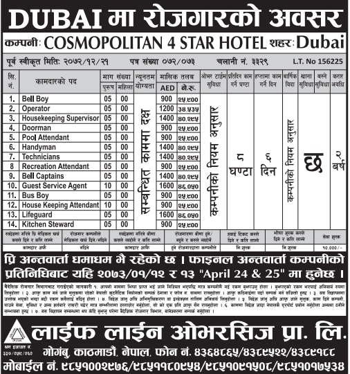 Jobs For Nepali In Dubai,Free Visa & Free Ticket, Salary Rs.46,050/