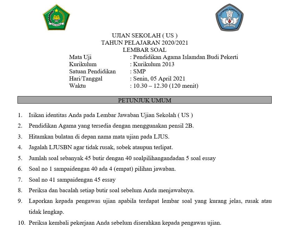 Soal Dan Kunci Jawaban Ujian Sekolah Pai Dan Bp Smp Tahun Pelajaran 2020 2021 Kurikulum Darurat Didno76 Com