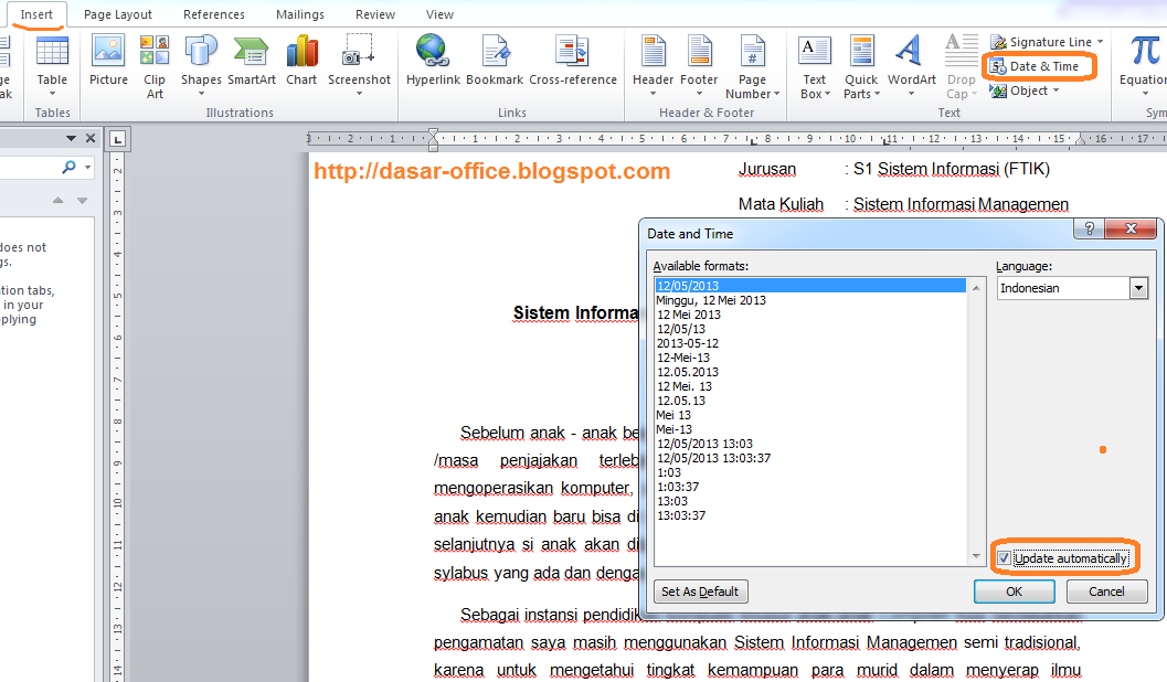 Menambahkan Tanggal, Jam Sekarang di Word Microsoft Office Windows