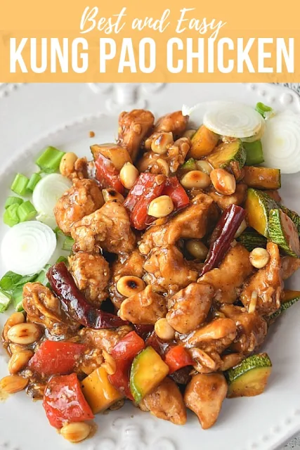 Kung pao chicken tossed - made by tossing chicken,belle pepper,chili peppers,zucchini and peanuts in sauces