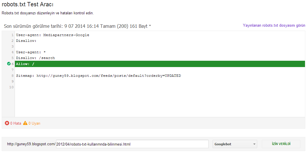 robot.txt test sekmesi 