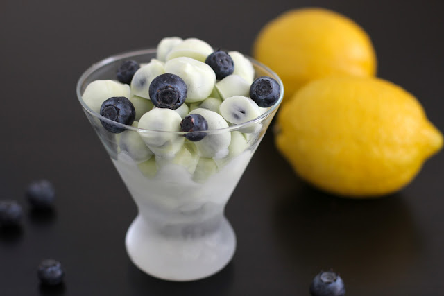 Healthy Lemon Frozen Yogurt Covered Blueberries | Healthy Dessert Recipes with sugar free, low calorie, low fat, high protein, gluten free, dairy free and vegan options at the Desserts With Benefits Blog (www.DessertsWithBenefits.com)