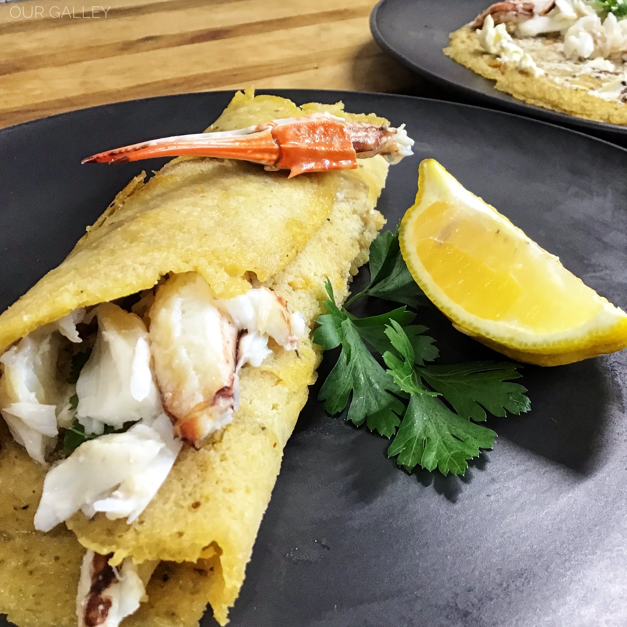 Crab Crepes and Blue Cheese Mousse topped with Crab and Fig