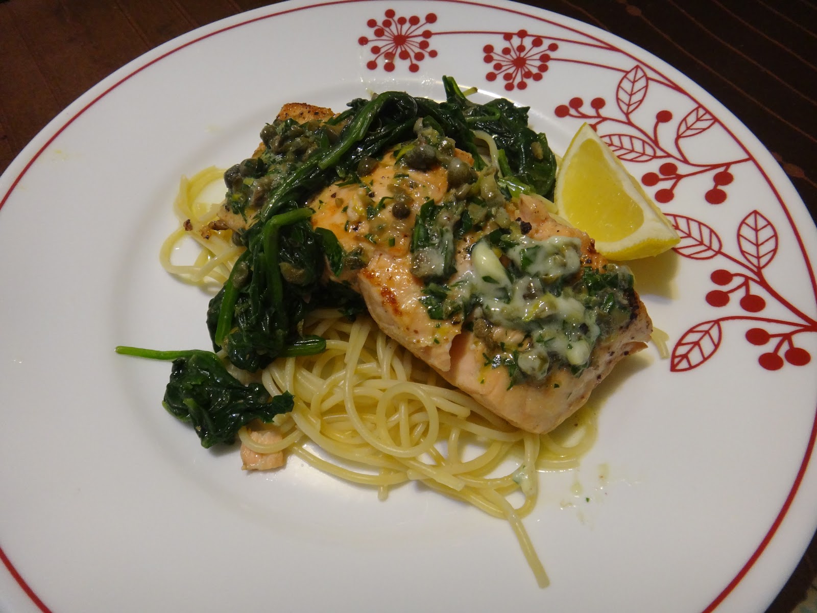 …Panseared Salmon & Spinach with Lemon Butter Caper Sauce over Spaghetti…