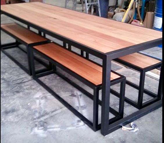 set meja  makan kayu  trembesi dengan kaki besi