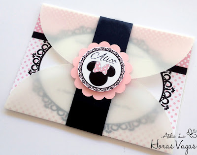 convite de aniversário artesanal infantil loja de laços minnie mouse delicado provençal poá rosa branco preto disney