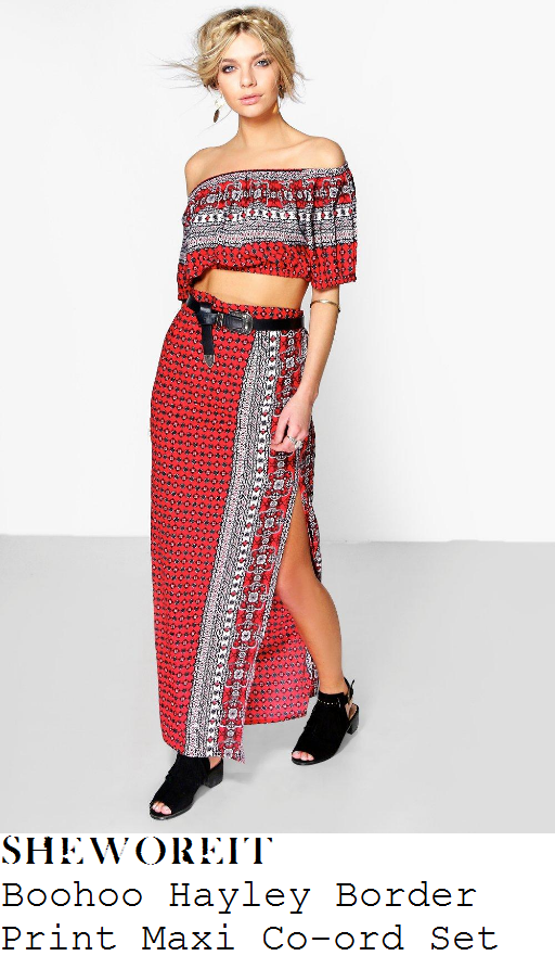 ferne-mccann-boohoo-hayley-red-black-and-white-floral-scarf-border-print-off-shoulder-bardot-crop-top-and-maxi-skirt-co-ords