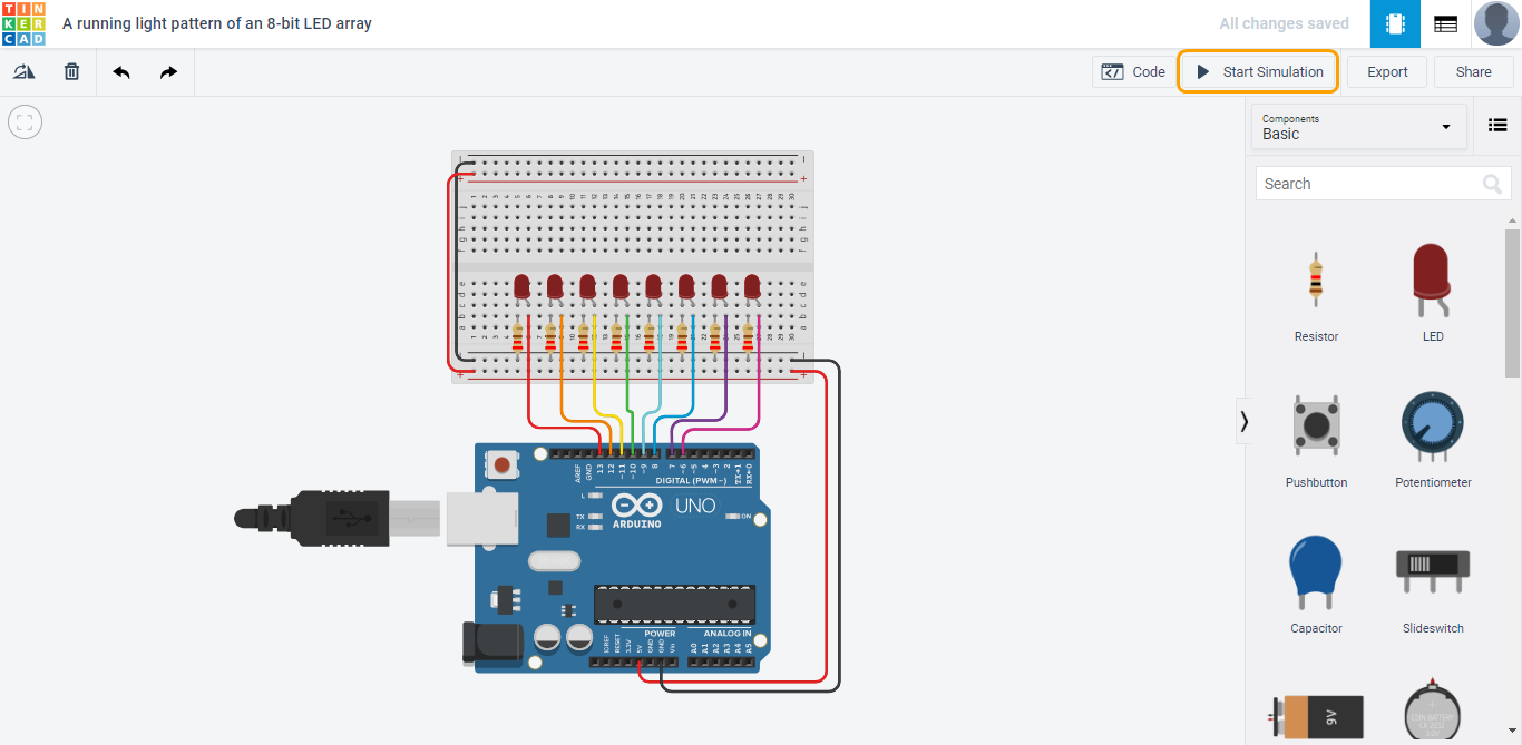 A running light using TinkerCad's Circuits