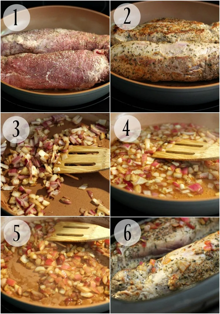 6 process photos of the recipe for Cider Braised Crock Pot Pork Tenderloin by Renee's Kitchen Adventures sliced on a white platter garnished with fresh thyme in a collage