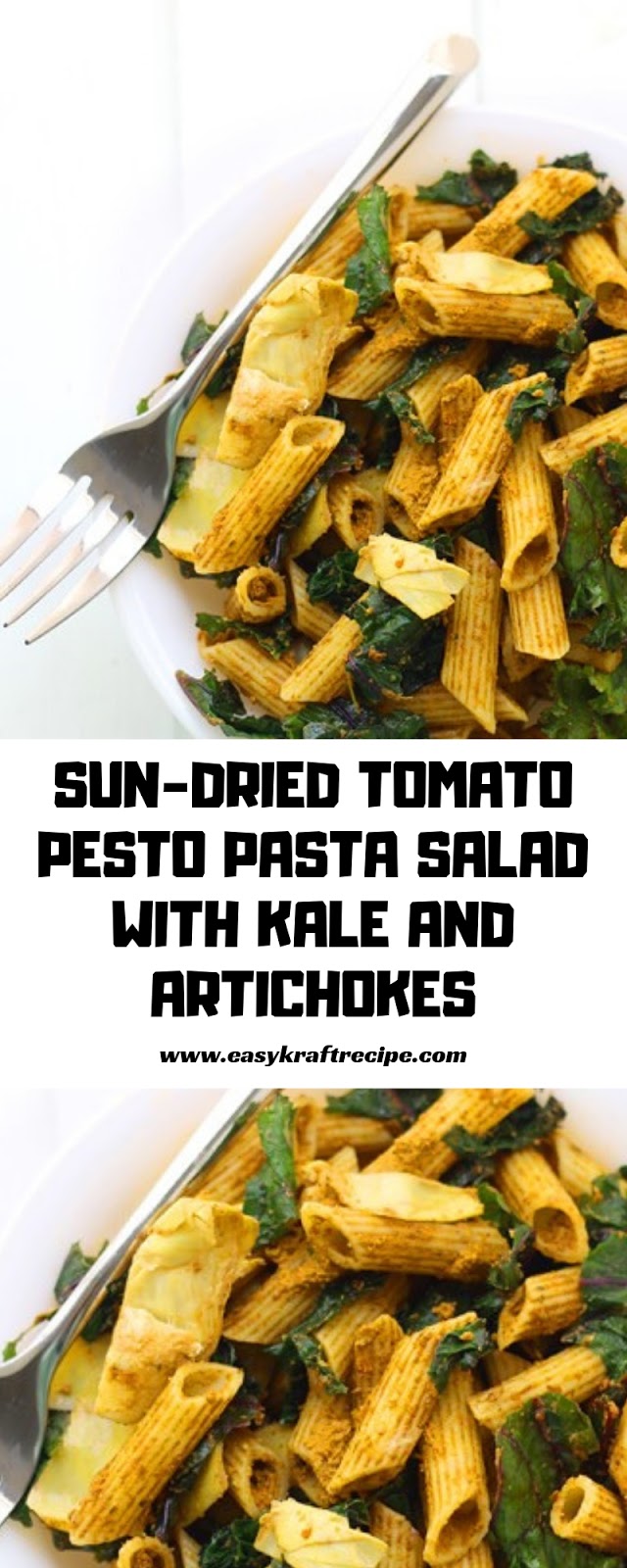 SUN DRIED TOMATO PESTO PASTA SALAD WITH KALE AND ARTICHOKES