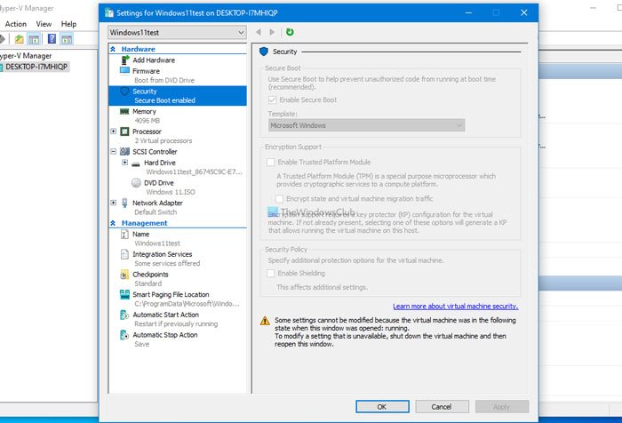 La configuración de seguridad está atenuada en Hyper-V