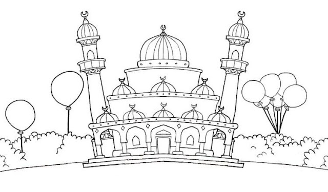 Sketsa gambar mewarnai masjid sederhana