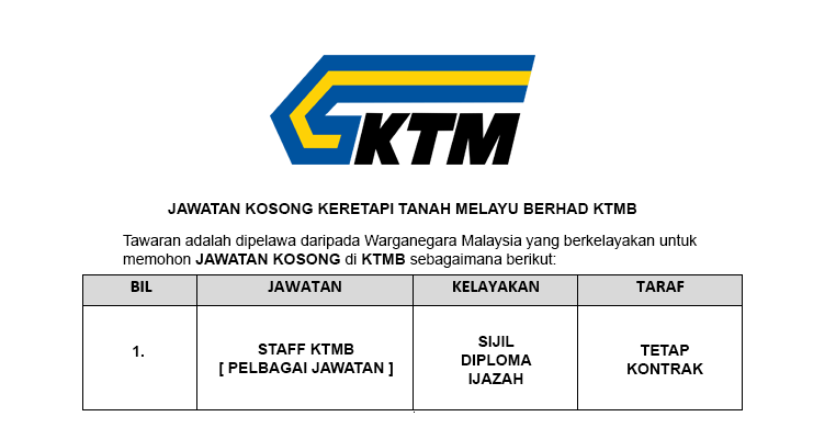 Jawatan kosong ktmb 2022