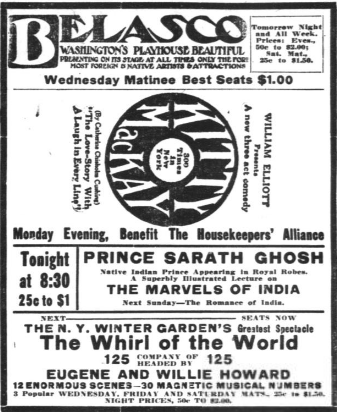 Advertisement for Prince Sarath Ghosh's lecture at the Belasco theatre, Washington