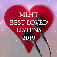 A red felt heart and black earbuds on a cosmic purple backdrop, with text reading MLHT BEST-LOVED LISTENS 2019