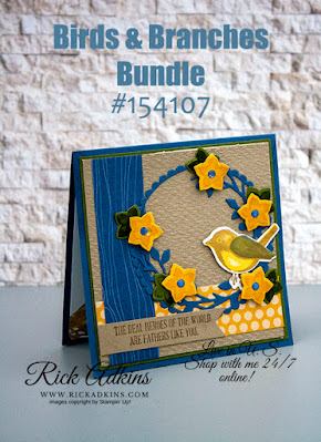 Bird & Branches Square Card by Rick Adkins Birds & Branches Bundle, Misty Moonlight, Bumblebee, Tasteful Textile 3d embossing folder, Rick Adkins, Stampin' Up!