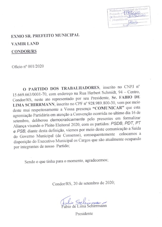 PT CONDORENSE ENTREGA CARGOS E NÃO FAZ MAIS PARTE DA ADMINISTRAÇÃO MUNICIPAL PT CONDORENSE ENTREGA CARGOS E NÃO FAZ MAIS PARTE DA ADMINISTRAÇÃO MUNICIPAL