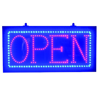 Turned on LED open sign with thin letters and blue rectangle border from Affordable LED