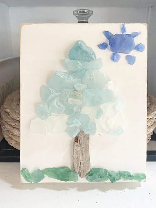 driftwood and sea glass tree with sun