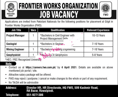 Frontier Works Organization Jobs 2021-FWO Jobs 2021| Jobs In Pakistan 2021 | Jobs In Pakistan Newspapers