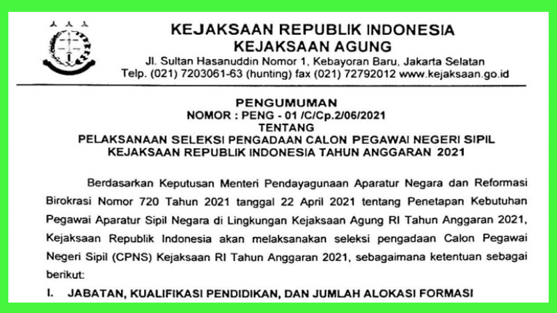FORMASI CPNS KEJAKSAAN TAHUN 2021 TERSEDIA 990 FORMASI UNTUK LULUSAN