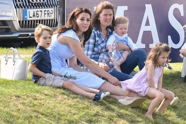 Kate Middleton wore ZARA striped off the shoulder dress. Catherine, Duchess of Cambridge, Princess Charlotte and Prince George, Savannah Phillips