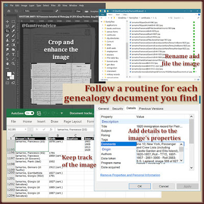 Develop and stick to a thorough routine when you add a new document image to your family tree.