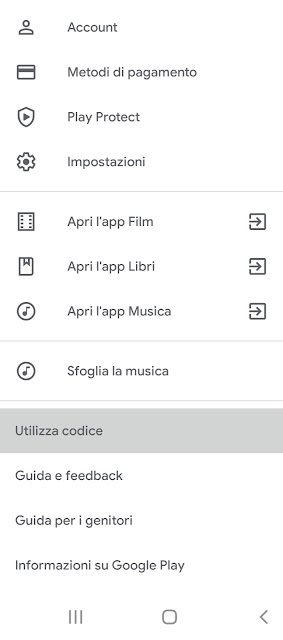 Menu App Google Play Utilizza Codice