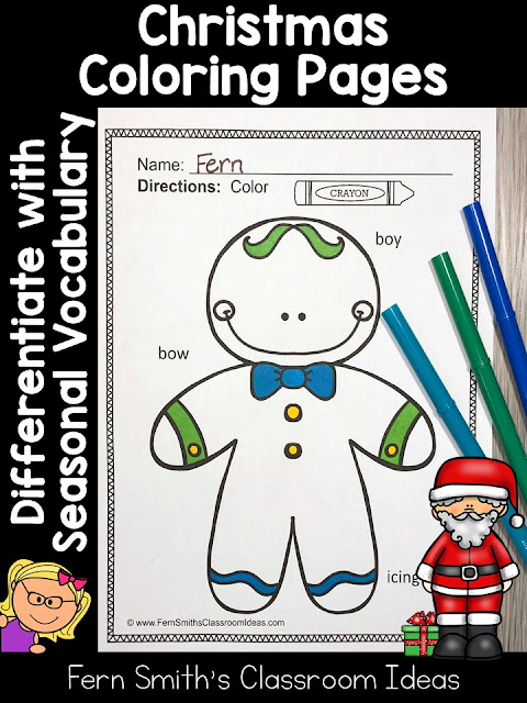 Sixty-Six Christmas Coloring Pages with Differentiated Seasonal Vocabulary Words at TeacherspayTeachers by Fern Smith's Classroom Ideas. Perfect for Pre-k, Kindergarten and First Grade for December.