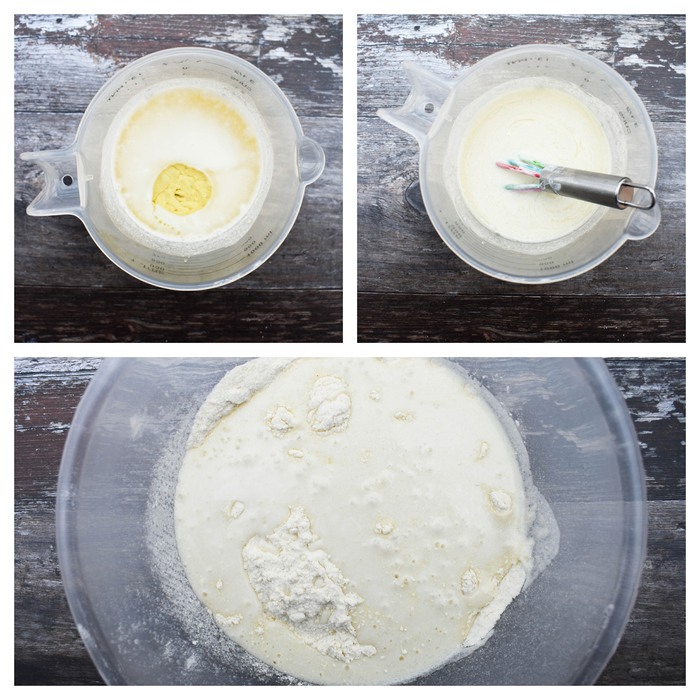 Making coconut cake - step 3 - oil and almond extract added to milk and wet ingredients poured into dry ingredients