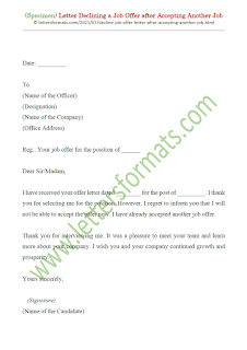 how to decline a job offer after accepting another job sample letter