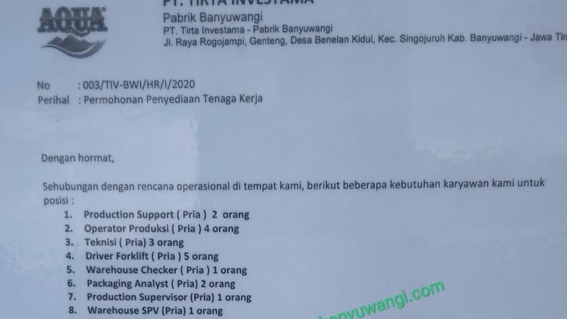 Lowongan Kerja Aqua Pt Tirta Investama Pabrik Banyuwangi 2020 Kebanyuwangi Situs Informasi Banyuwangi