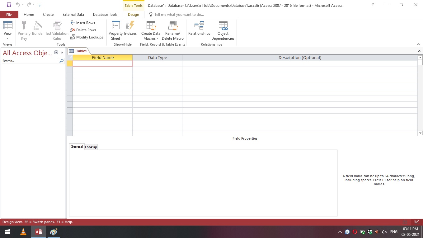Creating a table in access 2016 in hindi (MS Access 2016 में टेबल