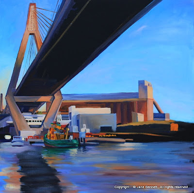 Plein air oil painting of the Anzac Bridge and Glebe Island painted by industrial heritage artist Jane Bennett