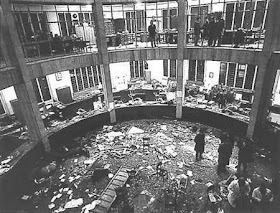 The office and counter area inside the Banca Nazionale dell'Agricoltura in Milan after the explosion