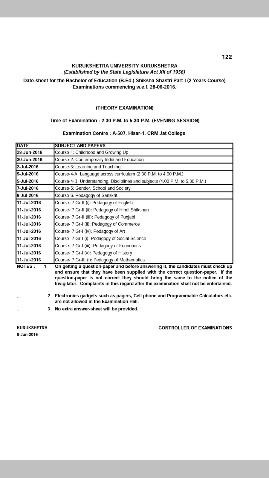 B.Ed date sheet shiksha shasrthi KUK Teacher Haryana Education News