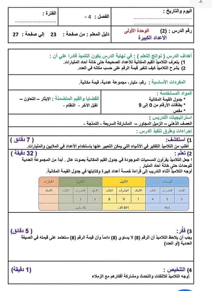 تحضير الرياضيات للصف الرابع الابتدائي  2022 2