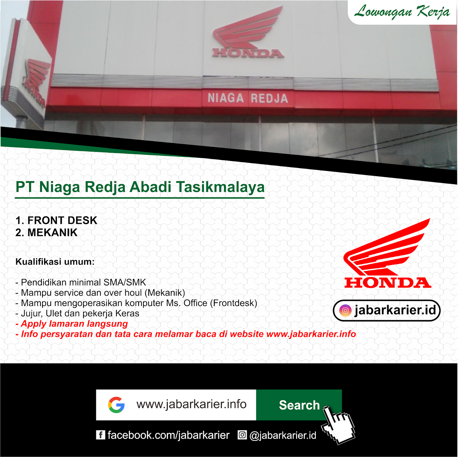 Lowongan Kerja Dealer Motor Honda Tasikmalaya Niaga Redja Abadi Lowongan Kerja Terbaru Tahun 2020 Informasi Rekrutmen Cpns Pppk 2020