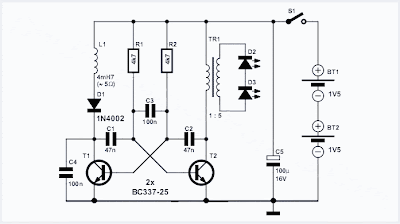 Two-Cell Batteries LED Torch Schematics
