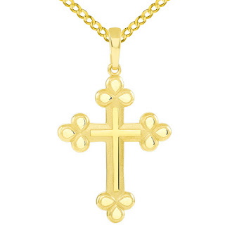 14k Yellow Gold Polished and Matte Finish Christian Eastern Orthodox Cross Pendant with Cuban Necklace