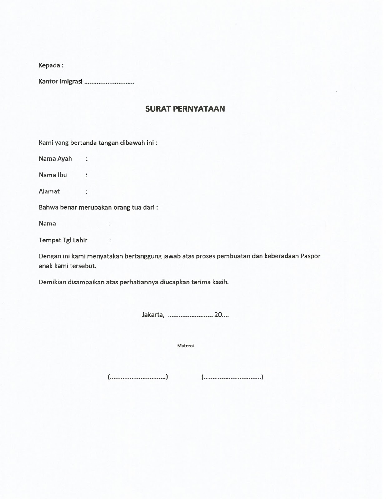 Gambaran Isi Surat Pernyataan Pembuatan Paspor Anak Gambaran Isi Surat Pernyataan Pembuatan Paspor Anak